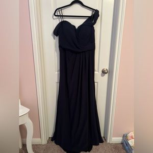 Xscape navy blue evening gown with knee high slit